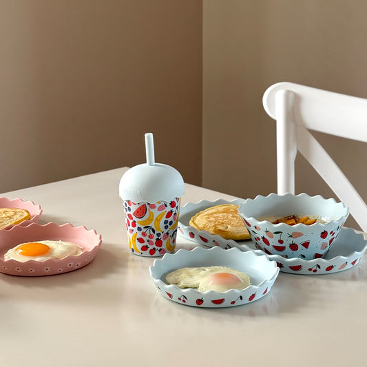 Siblings Matching Pink and Blue Fruits Bundle Dinnerware & Smoothie Bundle