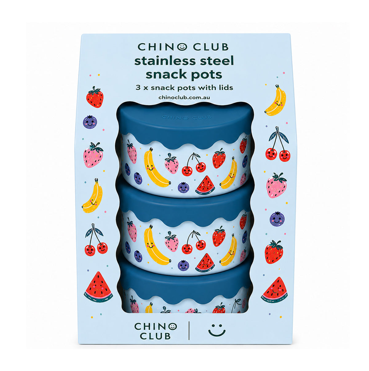 Blue Fruit Stainless Steel Snack Pot Trio