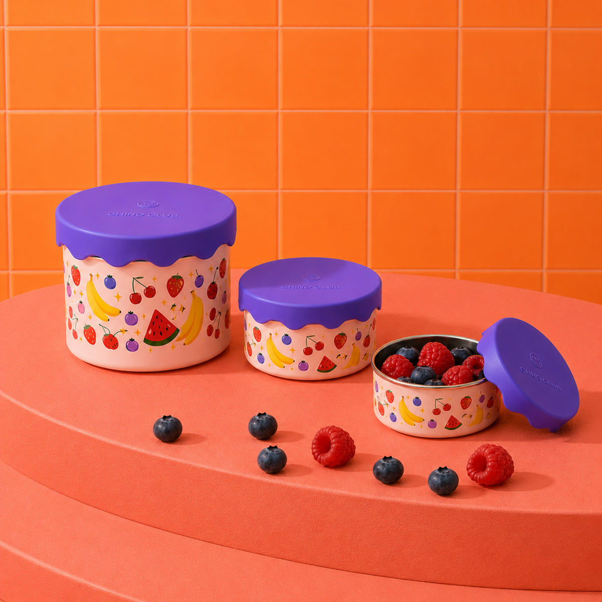 Pink Fruit Stainless Steel Snack Pot Trio